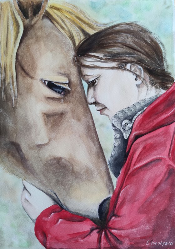 Girl in red and her horse. Watercolor painting on paper. Original artwork by Svetlana Vorobyeva