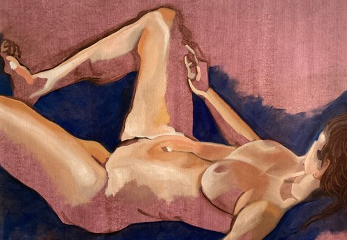 Reclining Nude (Purple) #2 by Tarja Laine
