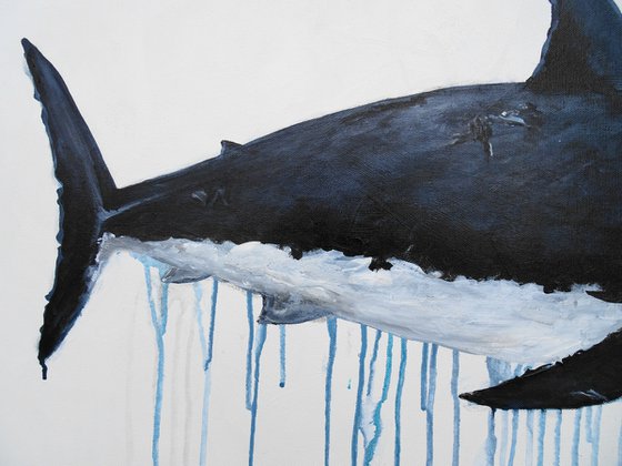 Large Abstract The Great White Shark. Acrylic painting on canvas. Ocean animals, black, white. Painting 61x91cm.