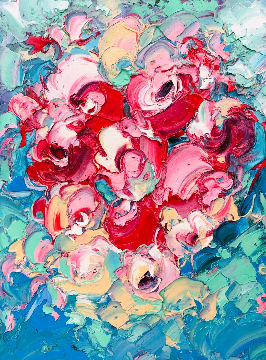Abstract Botanical Oil Painting By Svitlana Andriichenko, 8 X 10", Attraction Of Roses, Original Artwork