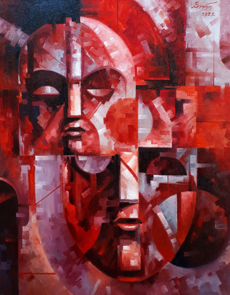 Abstract Still Life Oil Painting By Serhii Voichenko, 22 X 28", Masks In Red, Original Artwork
