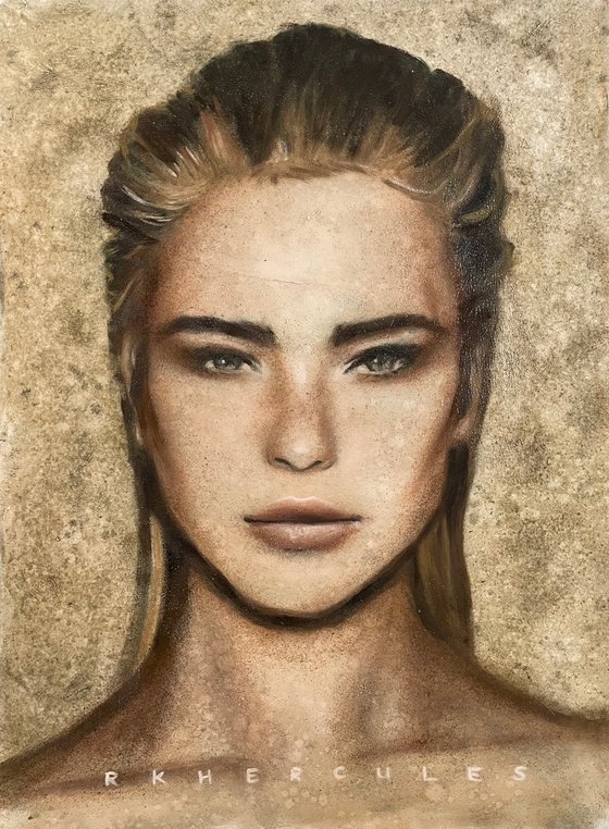 Odette female fierce strong power woman slick hair thick eyebrows neutral green large painting oil on canvas