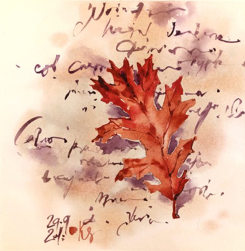 Autumn letter original watercolor artwork red oak leaf by Ksenia Selianko