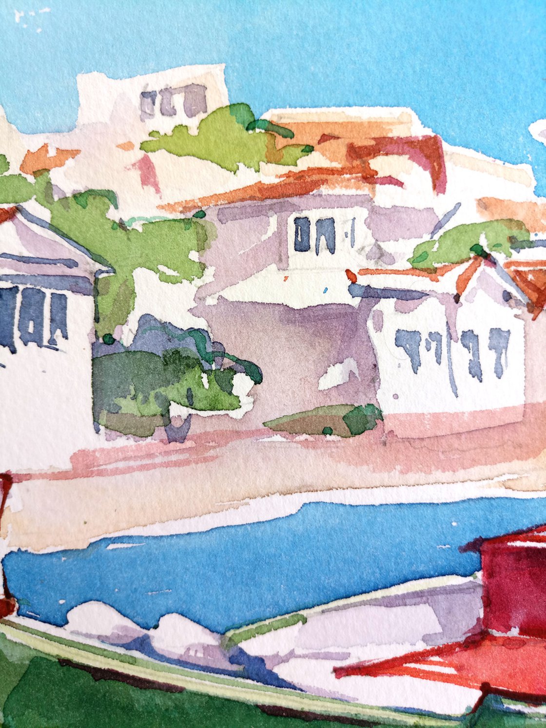 ORIGINAL watercolor painting Poros Greece - Handmade fine art, Boat Sea Sun Greece - Sunny day painting online