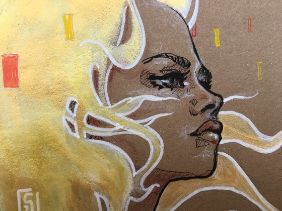 (SOLD) Girl with golden hair blowing on brown paper: Goldilocks 2