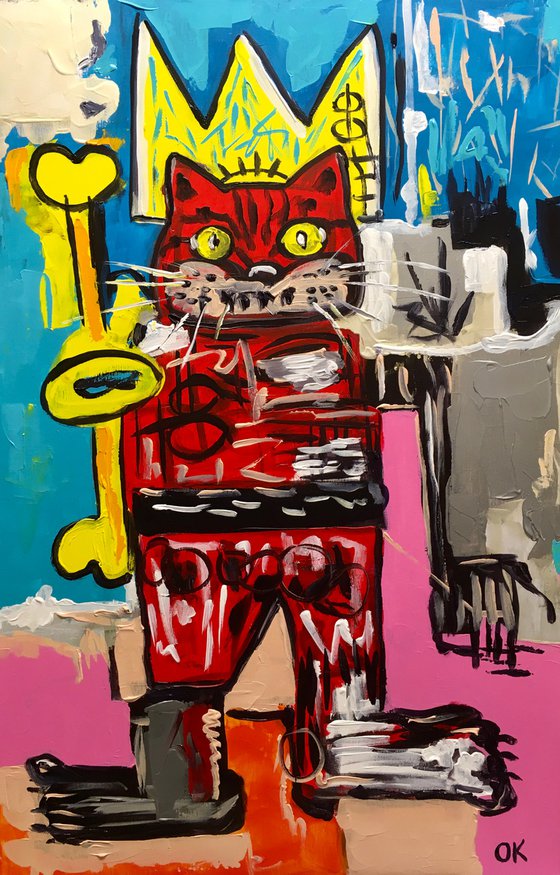 King Cat Troy  in a CROWN ( 81 x 51cm, 32 x 20 inches,) version of famous painting by Jean-Michel Basquiat