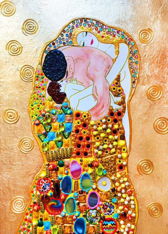 Love family portrait (Klimt inspired). Natural stones, gold leaf, decorative mosaic