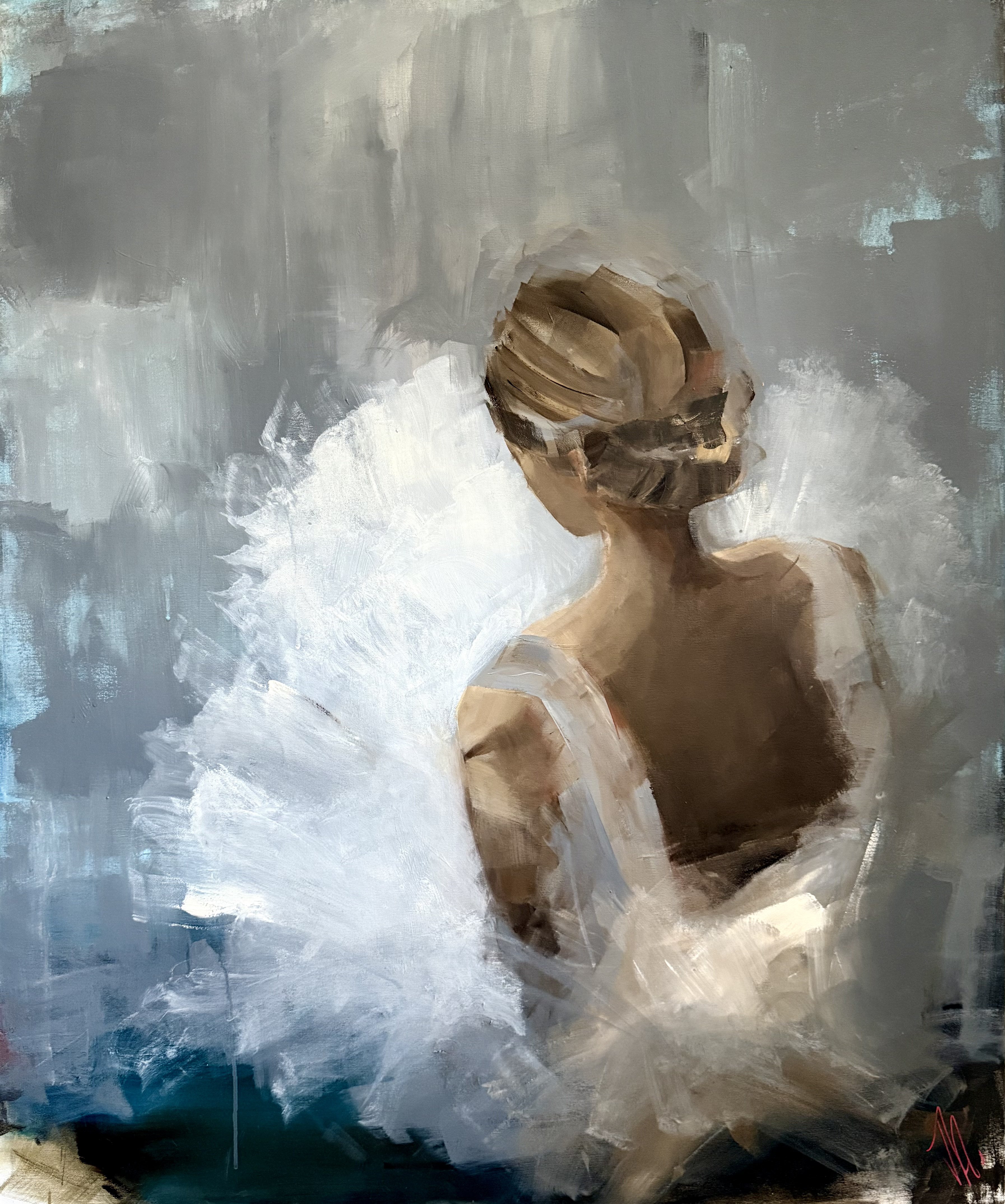 Expressive Portrait Oil Painting By Tamara Andjus, 39 X 47", Shadow Dancing Ii, Original Artwork