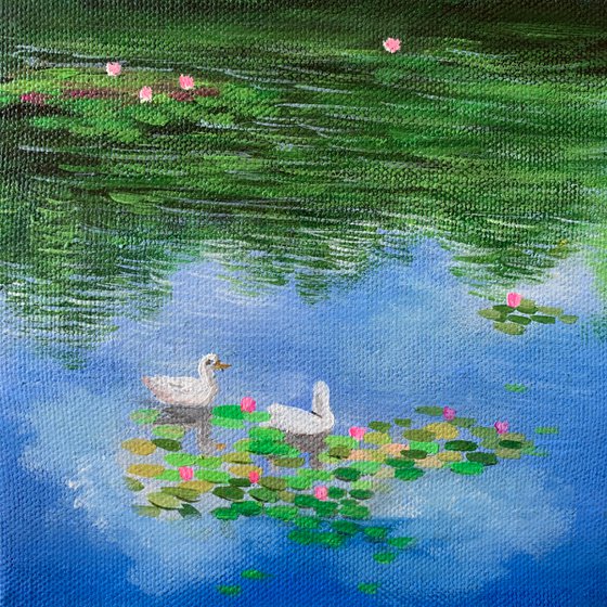 Ducks in the pond ! Small Painting!!  Ready to hang