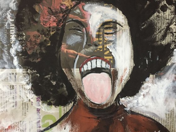 Scream People Art Acrylic on Newspaper Portrait Black Woman Face 29x37cm Beautiful Gift Ideas 15"x11"