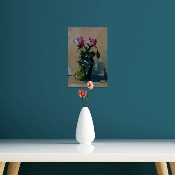 Still life painting with roses in vase. Modern still life painting