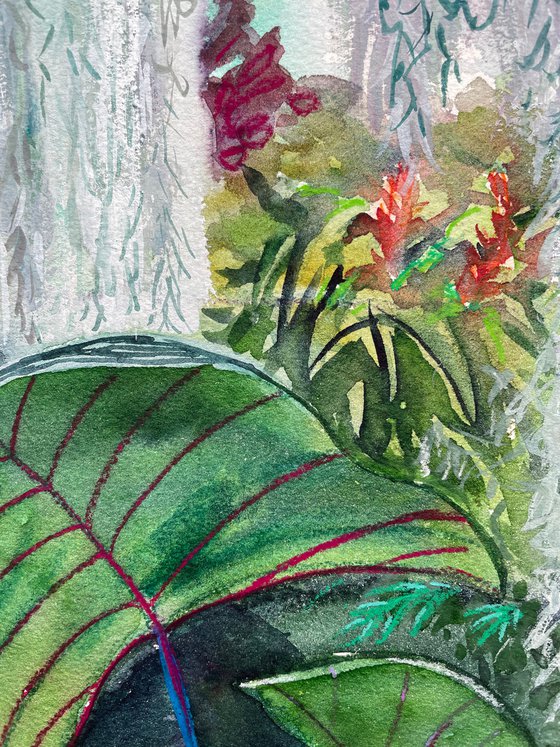 Botanical Original Watercolor Painting, Garden Plants Mixed Media Artwork, Greenery Wall Art