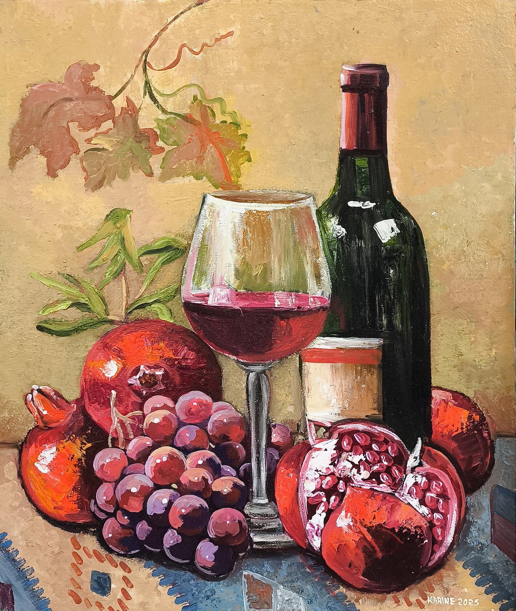Photorealistic Still Life Oil Painting By Karine Harutyunyan, 16 X 20", Ruby Evening, Original Artwork