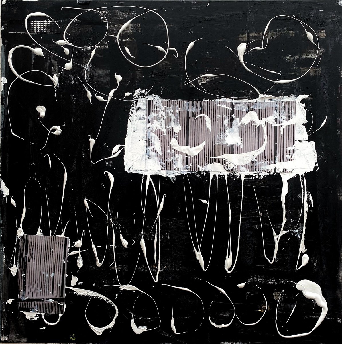 Abstract Acrylic Painting By Sylvie Dodin, 39 X 39", Black & White Background, Original Artwork