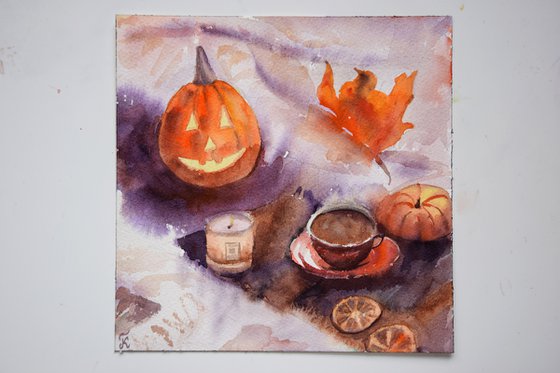 Halloween watercolour painting with pumpkin and coffee, autumn aesthetic wall art