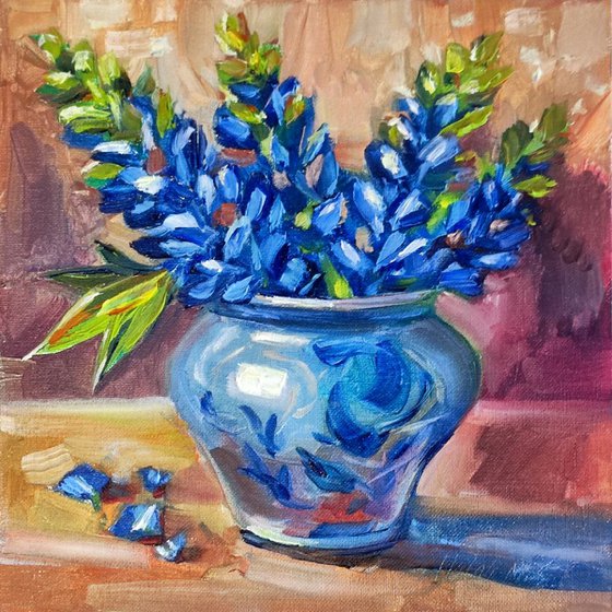 Blue Lupines in Vintage Vase.