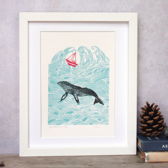 Great things are close original handprinted screenprint whale