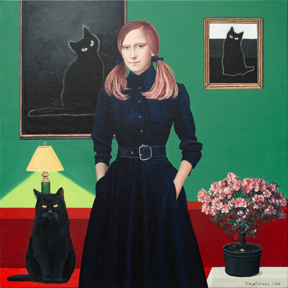 Photorealistic Portrait Acrylic Painting By Nataliya Bagatskaya, 31 X 31", Echo Of The Black Cat, Original Artwork