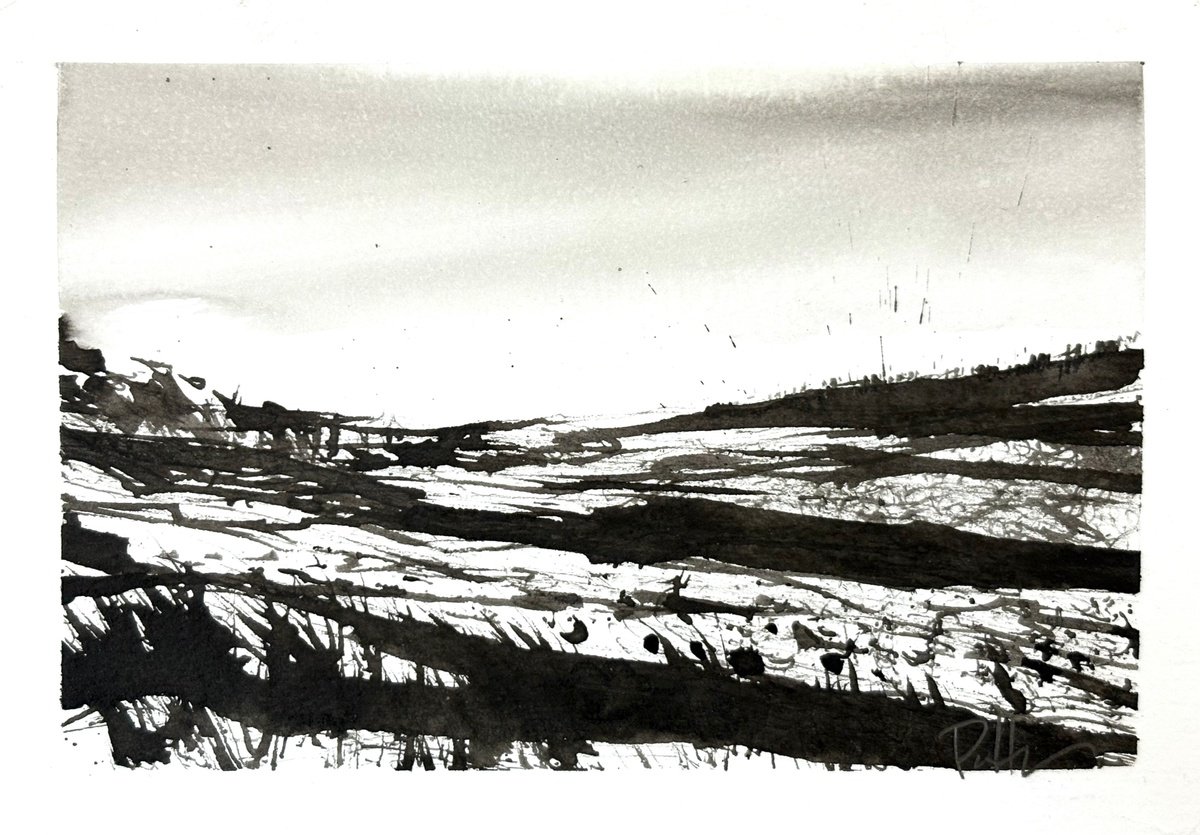 Expressive Landscape Ink Drawing By Steve Potts, 6 X 4", Scotland Fields, Original Artwork