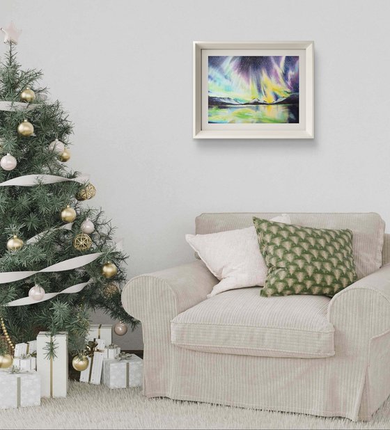 Winter glow: watercolor lights over the lake