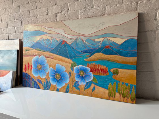 Blue poppies and mountain