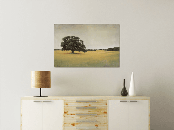 Field And Tree 220319, Tonal oak tree landscape painting