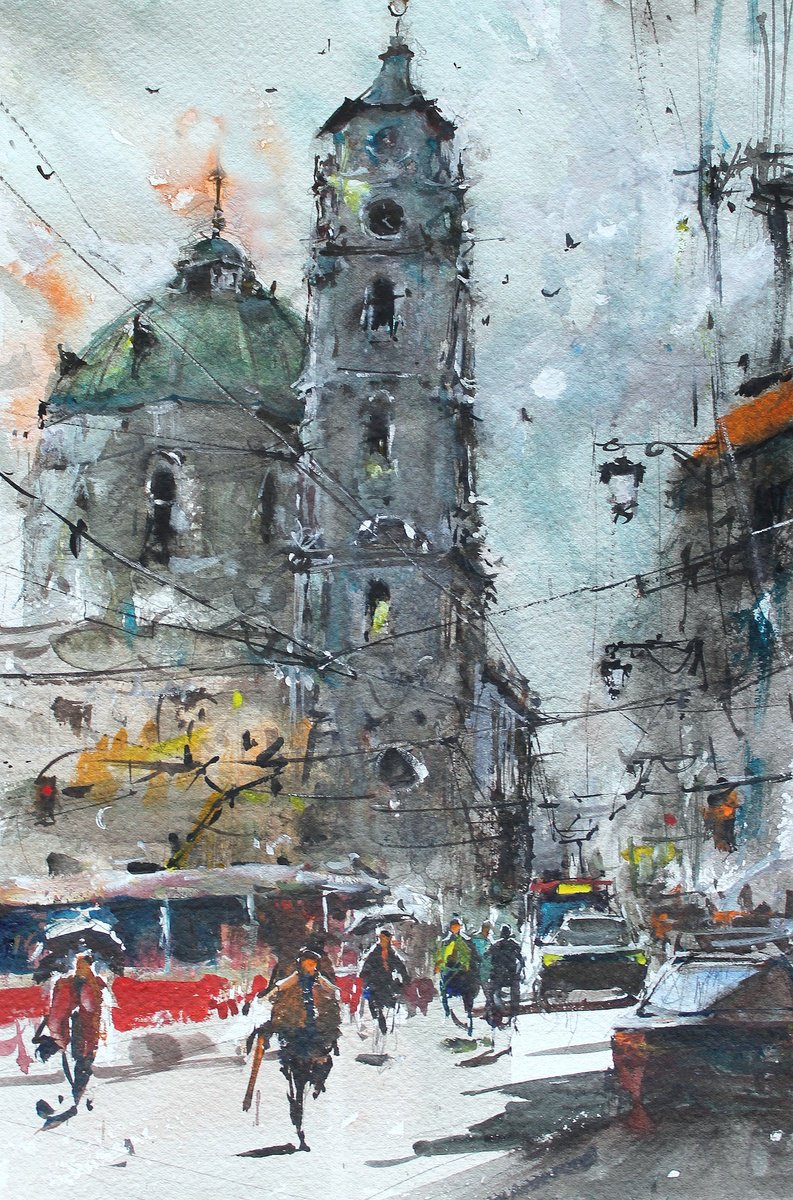 Impressionistic Cityscapes Watercolour By Maximo Damico, 10 X 15", Prague St Nicholas Tower, Original Artwork