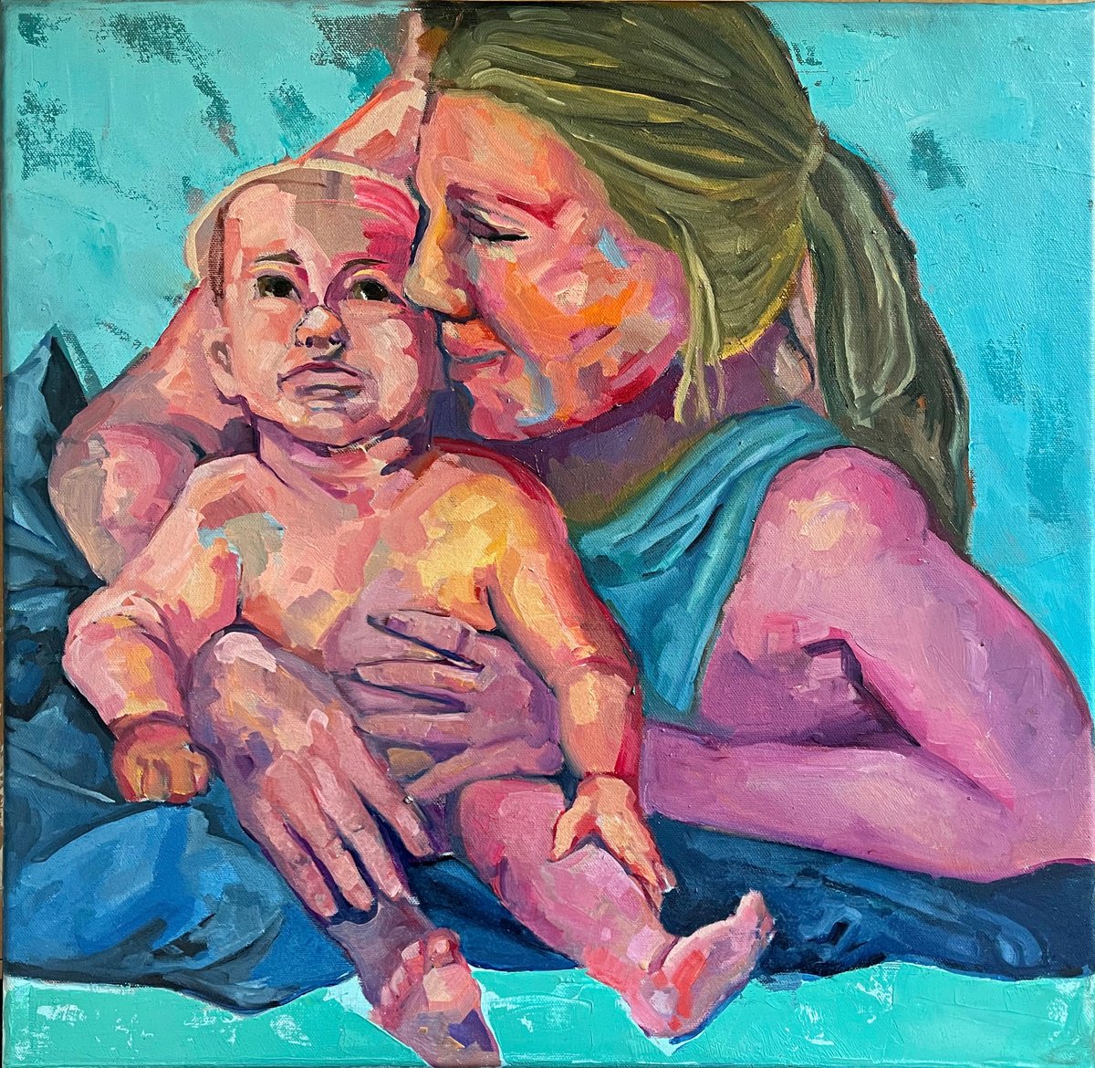 Expressive Portrait Oil Painting By Ulli Schmitt, 20 X 20", Baby Love, Original Artwork
