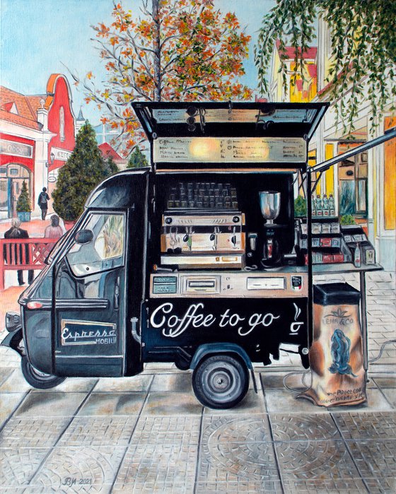 COFFEE TO GO by Vera Melnyk - (sityscape oil painting, Modern Home Decor, gift, New York Lovers, Wall Art, Barista, life style, coffee time)