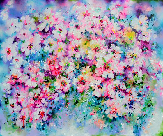 Pink Cherry Tree Flowers - Sakura Colorful Blossom - 120x100 cm, Palette Knife Modern Ready to Hang Floral Painting - Flowers Field Acrylics Painting