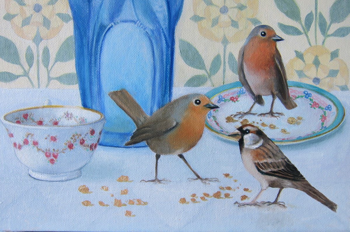 Surrealistic Still Life Oil Painting By Sophie Colmer-Stocker, 12 X 17", Birds And Gold Crumbs, Original Artwork