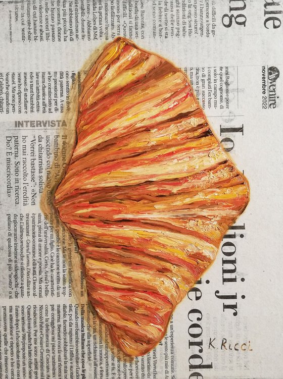 "Croissant on Newspaper " Original Oil on Canvas Board Painting 7 by 10 inches (18x24 cm)