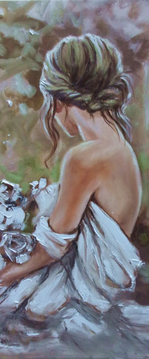 " MAGIC GARDEN ... "- WHITE ROSES liGHt  ORIGINAL OIL PAINTING, GIFT, PALETTE KNIFE by Monika Luniak