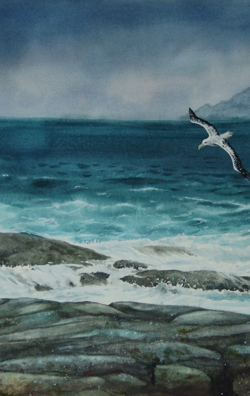 Rough Sea on a windy winter day by Olga Beliaeva Watercolour