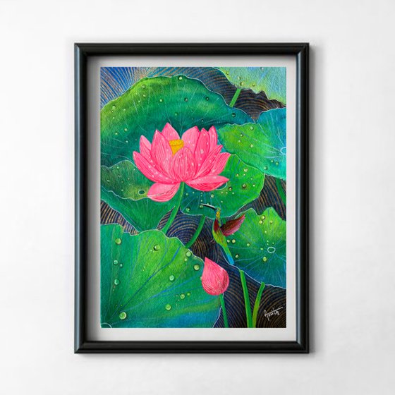 Lotus and Hummingbird ! A3 size Painting on Indian handmade paper