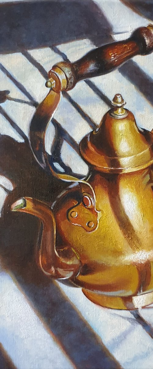 "Another old friend. " still life  old teapot  liGHt original painting  GIFT (2021) by Anna Bessonova (Kotelnik)
