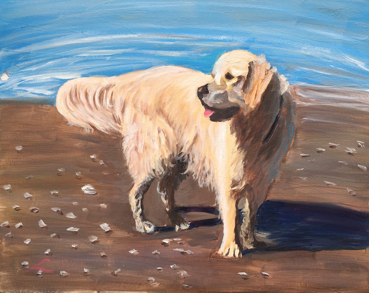 Impressionistic Animal Oil Painting By Elena Sokolova, 20 X 16, Dog At The Sea 9, Original Artwork