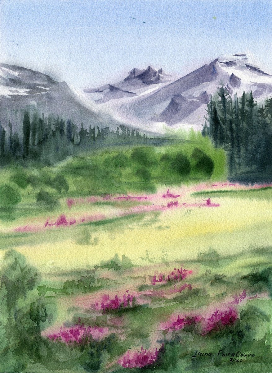 Mountain flowers original watercolor artwork , medium size green painting , red flowers by Irina Povaliaeva