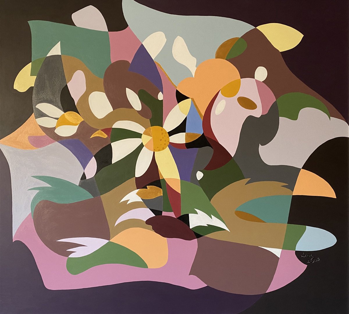 Abstract Still Life Acrylic Painting By Lianna Ohanian, 39 X 35", Fragmented Bloom, Original Artwork