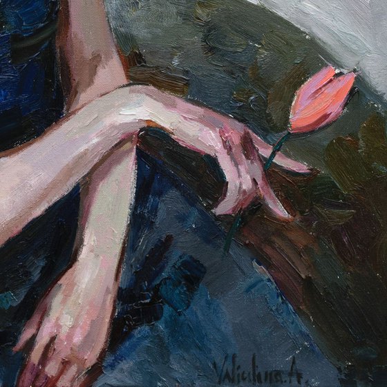 Pink Tulips - Woman portrait inspired by Modigliani