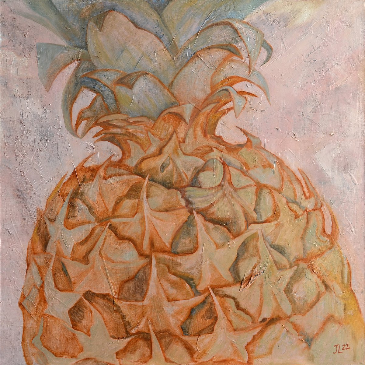 Golden Pineapple Fruite original oil painting large size canvas Pink Gold Emerald Ohre Lig... by Julia Logunova