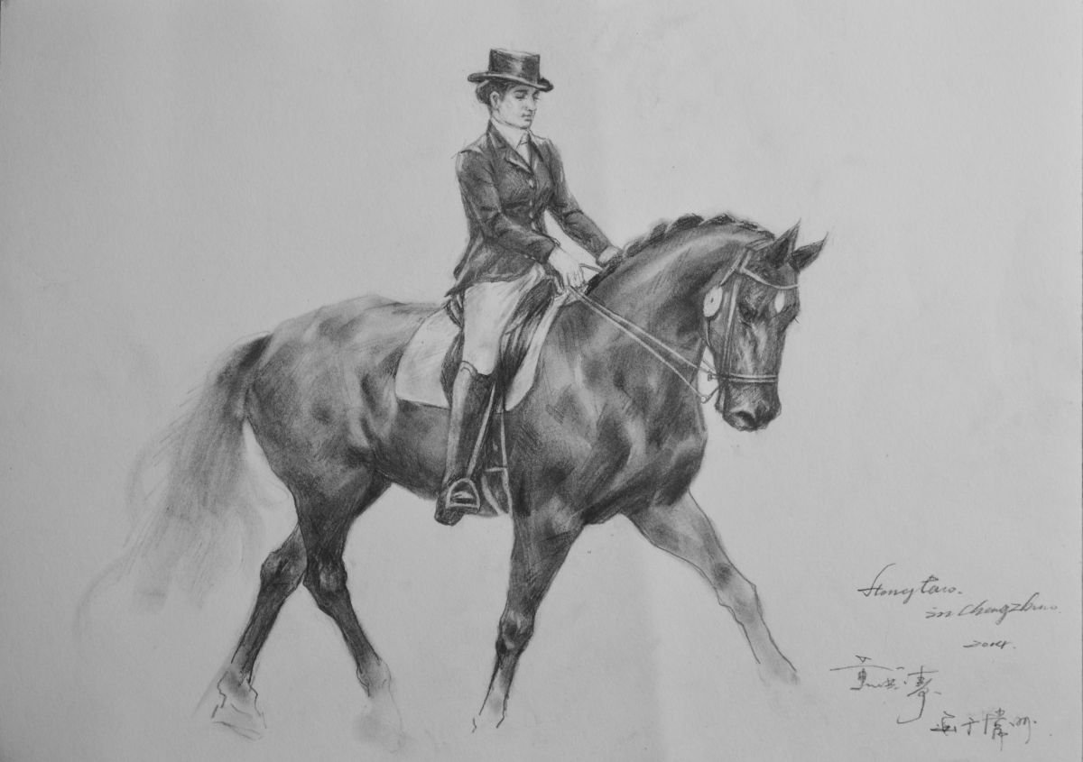 Illustrative Portrait Charcoal Drawing By Hongtao Huang, 15 X 11, Lady Sitting On Horse, Original Artwork