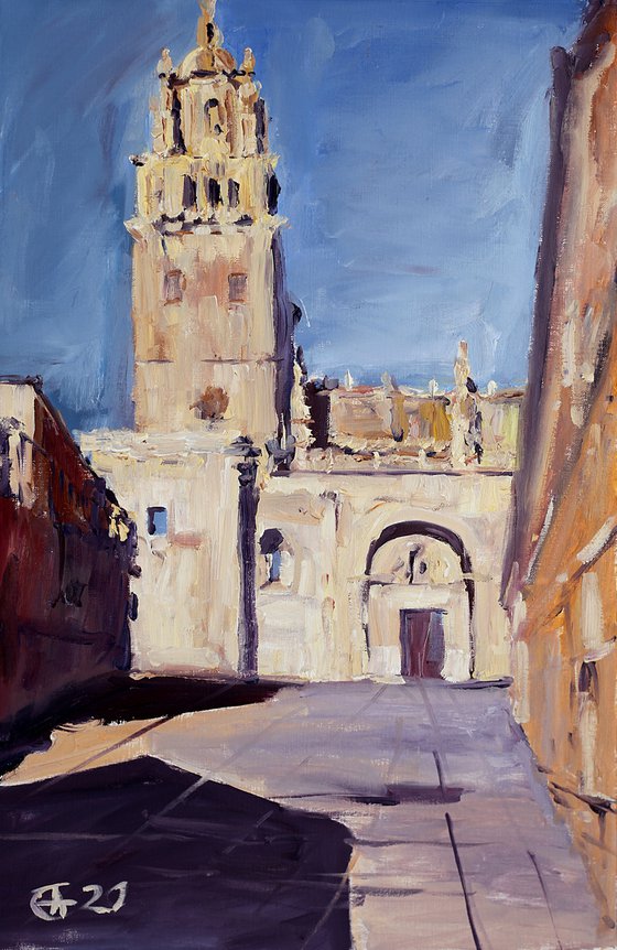 Salamanca. View of the Cathedral. Original oil painting. ORIGINAL OIL. MEDIUM SIZE ORIGINAL STREET LANDSCAPE SPAIN CATILLA Y LEON ARCHITECTURE SUNLITE DRAMATIC OLD TOWN TRAVEL