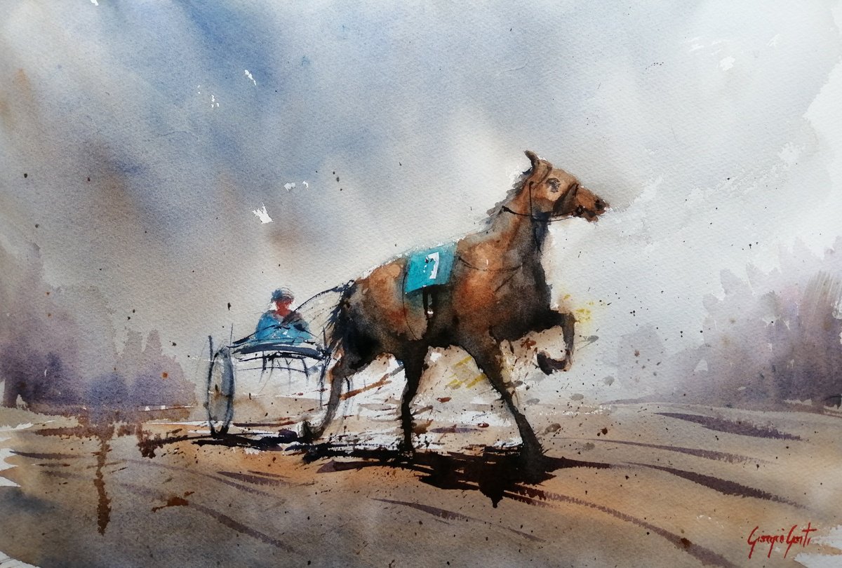 Expressive Animal Watercolour By Giorgio Gosti, 21 X 14, The Horse Race 35, Original Artwork