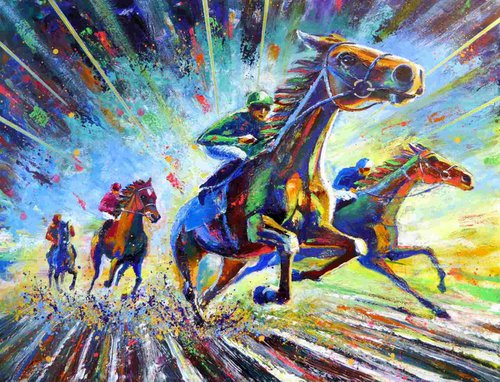 Dynamic Horse Racing Scene, Captivating Artwork of Leadership in Impressionist Style by Ion Sheremet