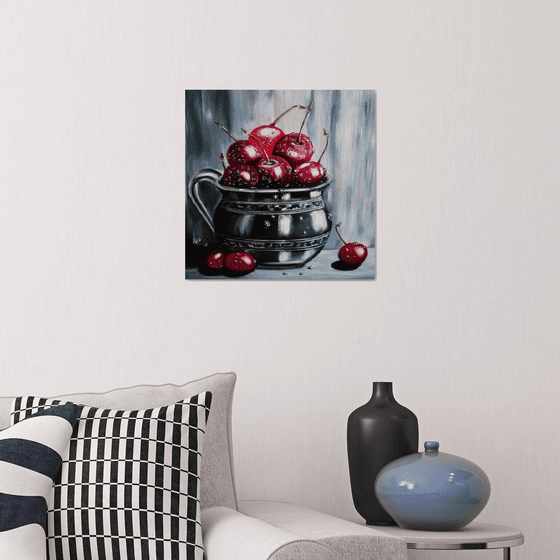 Cherries obsession, still life, fruit, original canvas painting, oil art, wall decor