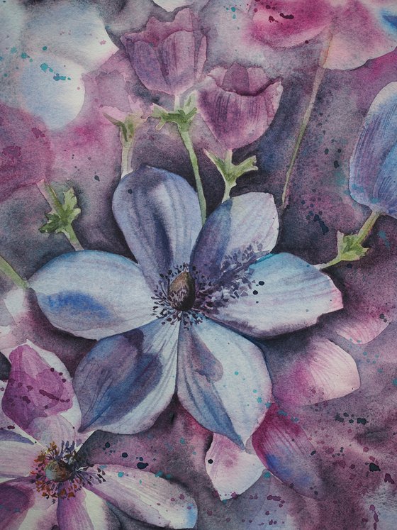 Anemones - purple flower, original watercolor