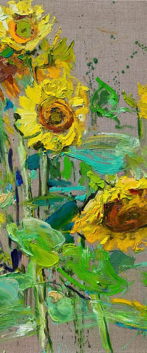 Sunflowers . 60x70 cm. Large Sunny painting "a la prima" on linen canvas by Helen Shukina