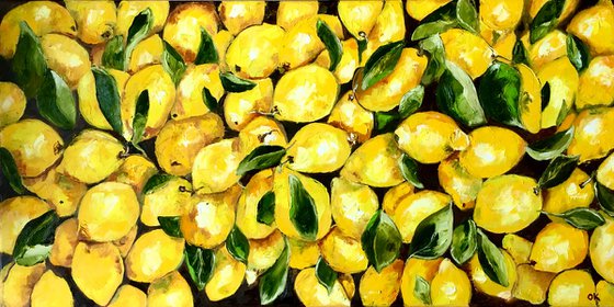 Lemons, oil painting, still life. Palette knife painting on canvas. Size 112x56 cm.