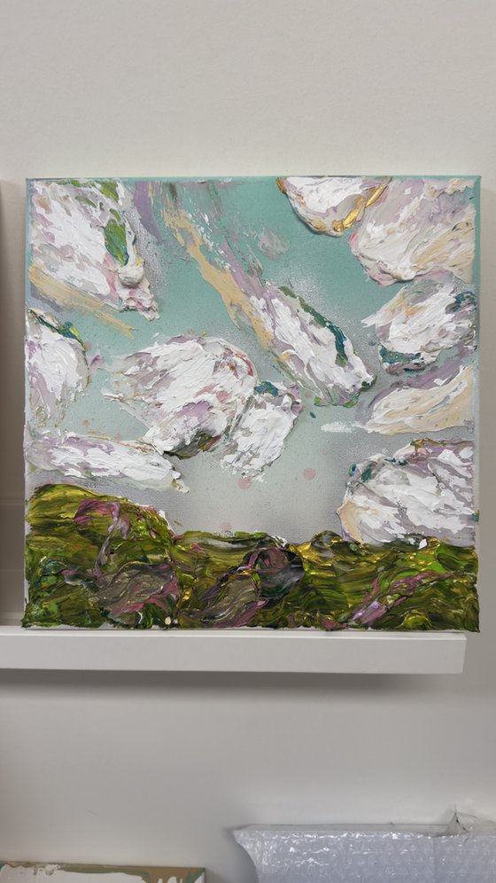 Impressionistic impasto clouds blue green